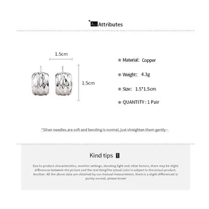Vue détaillée des boucles d'oreilles carrées texturées argent avec spécifications