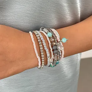 Bohemian 8-Piece Set Beaded Star Charm Bracelet For Women Glass Rhinestone Geometric Stackable Elastic Hand Jewelry Accessory