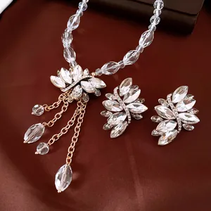 Close-up of crystal jewelry set with sparkling floral necklace and matching earrings.