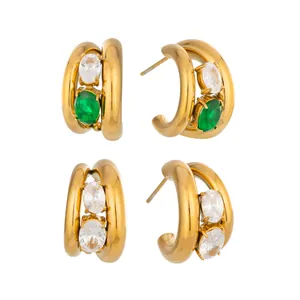 Boucles d'oreilles en C en acier inoxydable doré 18K avec zircons verts et blancs