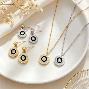 Titanium Steel Ring Pave Rhinestone Necklace Earrings Jewelry Set Minimalist Gold Silver Geometric Clavicle Chain For Women