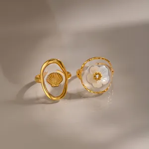 Europäisch-Amerikanischer Stil Edelstahl Offener Ring 18K Vergoldet Muschel Blume Geometrisch Strass Verstellbarer Fingerring Für Damen