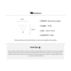 Spécifications détaillées pour parure de bijoux en résine et zircon, dimensions et poids.