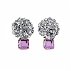 Elegante Glazen Kralen Ronde Oorknopjes Met 925 Sterling Zilver Stift Vierkante Zirconia Hanger Paars Grijs Sieraden