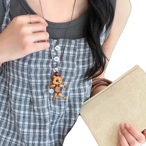 Handmade vintage wooden bear pendant necklace for women, long adjustable ethnic sweater chain