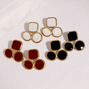 French Retro Stainless Steel Geometric Stud Earrings Gold Plated Drip Oil Enamel Personalized Fashion Ear Jewelry For Women