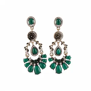 Vintage Gold Green Stone Drop Earrings Rhinestone Floral Waterdrop Studs For Women Retro Luxury Party Wedding Jewelry