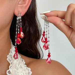 Boucles d'Oreilles Pendantes Vintage en Verre Goutte d'Eau avec Gland pour Femme Tige en Argent Alliage Cuivre Chaîne en Métal Bijoux