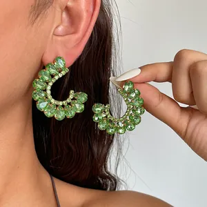 Luxe Glimmende Strass C-Vormige Oorknopjes Geometrische Waterdruppel Koperen Oorbellen Voor Vrouwen Zilveren Stift