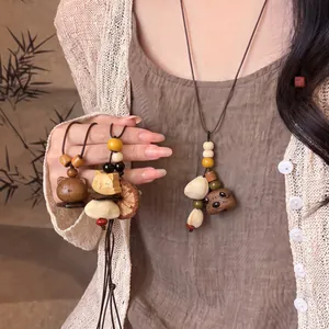 Vintage Ethnic Wood Bear Cat Pendant Necklace Faux Leather Cord Sweater Chain For Women New Chinese Style Handcrafted Gift