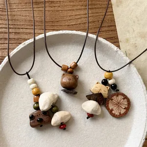 New Chinese style wooden beaded pendant necklace with ethnic long leather cord jewelry