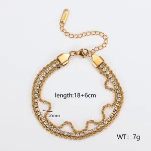 Gold-plated stainless steel triple-layer bracelet featuring white cubic zirconia