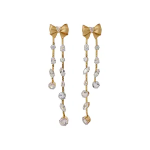 Exquisite Copper Zirconia Bowknot Tassel Stud Earrings For Women Shiny Silver Earring Post Gold Silver Plated Elegant Fashion Jewelry Gift