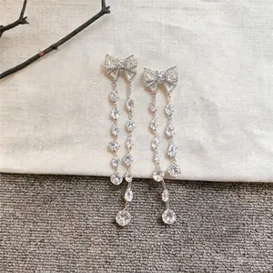 Elegant sparkling zircon bow knot tassel earrings with multi-shaped clear drop stones