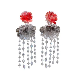 New Chinese Vintage Resin Gradient Flower Tassel Stud Earrings For Women Silver Post Artificial Pearl Aesthetic Jewelry Earrings