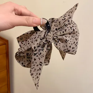 Detailansicht einer Hand, die eine schicke Stoff-Haarspange mit Leopardenmuster hält