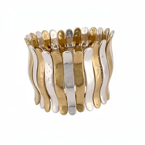 Metallic Pleated Patchwork Elastic Bangle Bracelet For Women Gold Silver Two-Tone Hammered Texture Wide Cuff Bangle Jewelry Gift