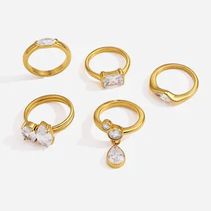 Minimalist Stainless Steel Zirconia Ring For Women Gold Plated Water Drop Marquise Geometric Finger Ring Fashion Jewelry