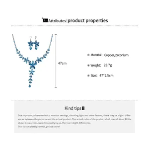 Gedetailleerde specificaties van blauwe zirconium bloem ketting en oorbellen set.