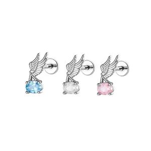 Silver angel wing titanium alloy cartilage stud earrings with blue white pink stones