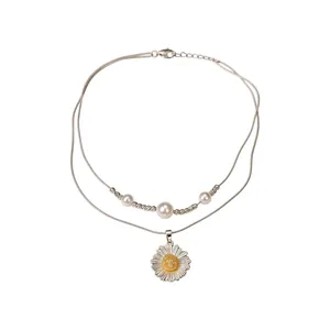 Französische Vintage Doppellagige Gänseblümchen Anhänger Halskette Mit Künstlicher Perle Zirkonia Eingelegt Kupfer Kette Damen Schmuck
