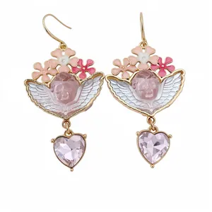 Set di Gioielli in Lega e Resina con Ritratto di Angelo in Stile Corte Vintage Collana e Orecchini con Ciondolo a Cuore