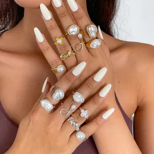 Retro Alloy Artificial Pearl Finger Rings For Women Exaggerated Geometric Floral Opening Index Finger Rings Jewelry Set