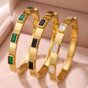 Luxury Stainless Steel Baguette Rhinestone Bangle For Women Elegant Gold Plated Minimalist Geometric Band Bracelet Jewelry
