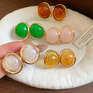 Vintage Resin Oval Stud Earrings With 925 Sterling Silver Earring Post Gold Plated Maillard Style Elegant Fashion Jewelry For Women