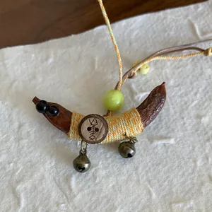 Gedetailleerde opname van een etnische ketting met houten hanger en gekleurd touw