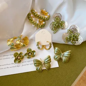 Forest Style Copper Zirconia Green Flower Butterfly Stud Earrings For Women With Silver Earring Post Fresh Small Design Jewelry