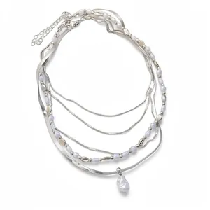 Legierung Silber Strass Stern Mond Quaste Halskette Für Damen Individuelle Mode Unregelmäßige Perlen Blauer Stein Mehrlagige Künstliche Perle Anhänger Halskette Schmuck