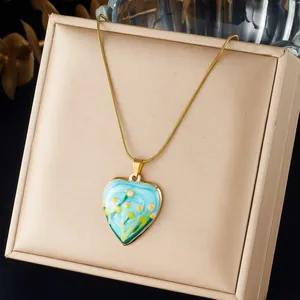 Collier Pendentif Cœur Floral en Acier Inoxydable 304 Plaqué Or Émail Peint Bijoux Cadeau pour Femmes