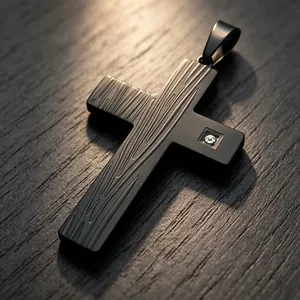 Retro zwarte roestvrijstalen kruis hanger met houtnerf textuur en enkele kristallen diamant