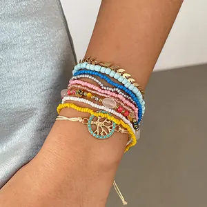 Bracelet Rétro Bohème en Cuivre Verre Pierre Artificielle Perlé Feuille Arbre De Vie Bijoux Empilés Pour Femmes Or