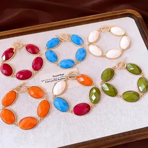 Vintage Resin Oval Link Bracelet For Women Gold Plated Alloy Geometric Toggle Clasp French Style Elegant Fashion Jewelry