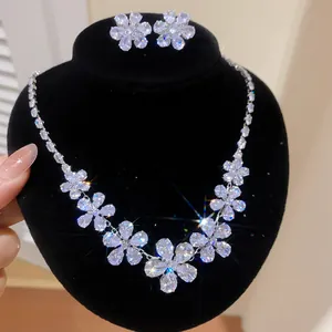 Detailed view of elegant floral cubic zirconia necklace and stud earring jewelry set