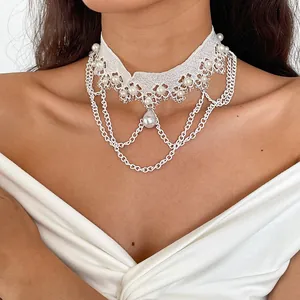 Westlicher Stil Weiße Spitze Blume Künstliche Perle Quaste Mehrschichtig Choker Halskette Für Damen Personalisierten Retro Schmuck