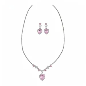 Luxe Koperen Roze Zirconia Hart Hanger Ketting En Oorbellen Sieradenset Met 925 Sterling Zilver Stift Voor Vrouwen