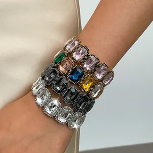 Vintage Geometric Square Rhinestone Stretch Bracelet For Women Alloy Crystal Elastic Bangle Jewelry Personalized Fashion Hand Accessory