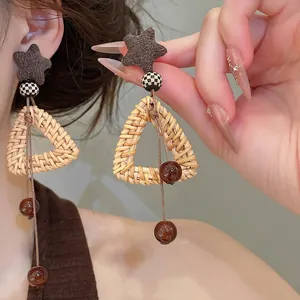 Bohemian Ethnic Beach Rattan Woven Drop Earrings For Women Retro Geometric Star Triangle Handmade Fabric Jewelry Fashion Gift