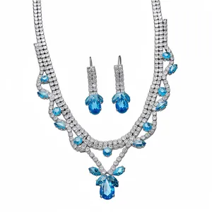 Luxe Koper Zirconia Waterdruppel Hanger Ketting En Oorbellen Zilver Kleur Banket Bruiloft Feest Sieraden Voor Dames