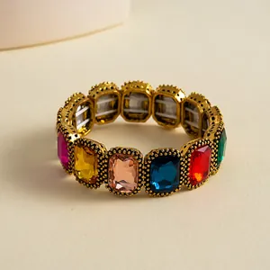 Detailed view of a retro geometric elastic bracelet with colorful rectangular faux gemstones