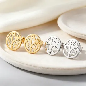 Boucles d'Oreilles Clous Arbre de Vie Creuses en Acier Inoxydable 304 pour Femmes Rétro Motif d'Arbre Rond Bijoux Or Argent
