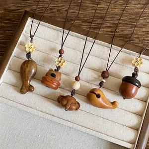 Retro Houten Hanger Ketting voor Dames Zen Stijl Handgemaakt Eikel Diervorm Verstelbaar Gevlochten Touw Trui Ketting Sieraden