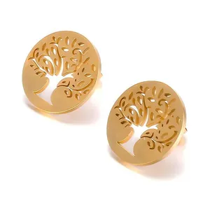 Boucles d'oreilles Arbre de Vie en acier titane doré avec design vintage rond évidé