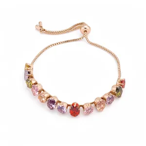 Bracelet Réglable en Zirconia Plaqué Or 18K Pour Femme Élégant Coupe Ovale Multicolore Émeraude Blanc Chaîne Bolo Bijoux