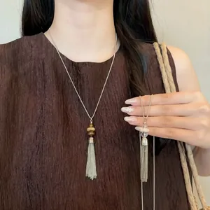 Vintage Stainless Steel Beaded Shell Stone Tassel Necklace Personalized Geometric Sweater Chain Jewelry Accessories For Women