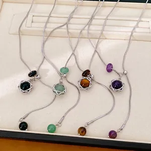 Stainless Steel Hexagram Pendant Necklace For Women Men Minimalist Geometric Natural Stone Beaded Lariat Sweater Chain Jewelry