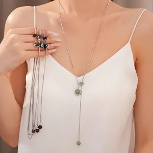 Elegant stainless steel Y-shaped necklace with stone beads and hexagonal star pendant